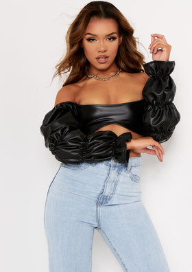 Ariel Black PU Ruched Sleeve Crop Top