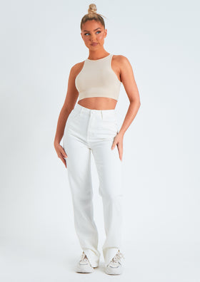 Perrie White Denim Straight Leg Split Detail Jeans