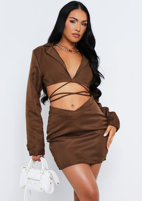 Janie Chocolate Tailored Tie Waisted Cropped Blazer Co-ord