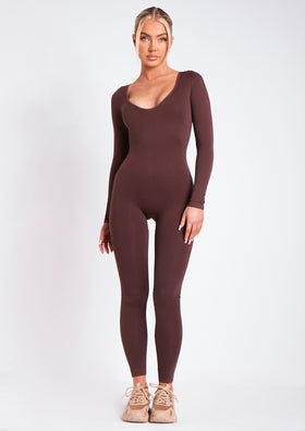 Eli Chocolate Plunge Ribbed Seamless Long Sleeve Jumpsuit