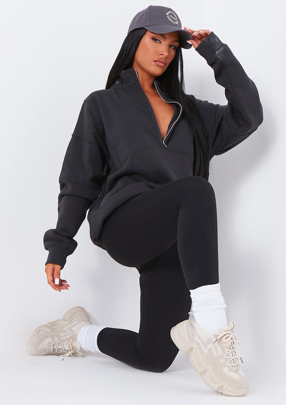 Roxy Charcoal Premium Ribbed Panelled Half Zip Sweatshirt