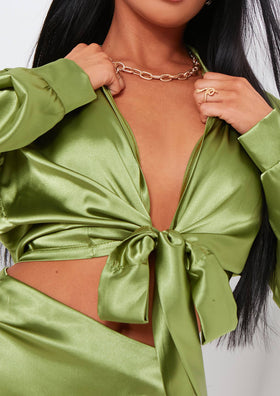 Marianna Green Satin Tie Cropped Shirt Co-Ord