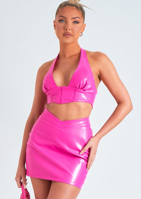 Dania Pink V Front Leather Look Mini Skirt