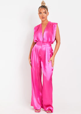 Annabella Pink Satin Pleat Jumpsuit