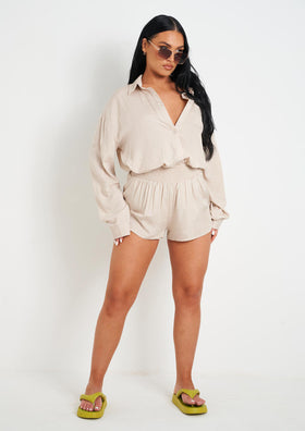 Maleah Beige Linen Sheered High Waist Shorts