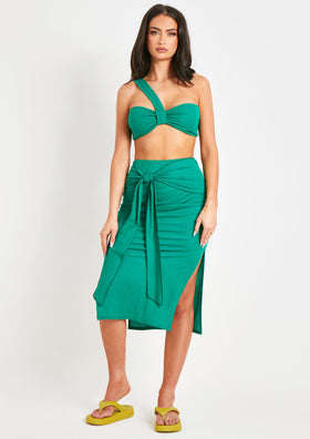 Jade Green Woven Linen Midaxi Slit Skirt