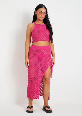 Saffiyah Pink Crochet Knit Beach Crop Top And Midi Skirt Set