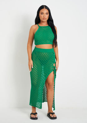 Saffiyah Green Crochet Knit Beach Crop Top And Midi Skirt Set