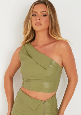 Ramona Green Fold Over Corset Detail Faux Leather Top