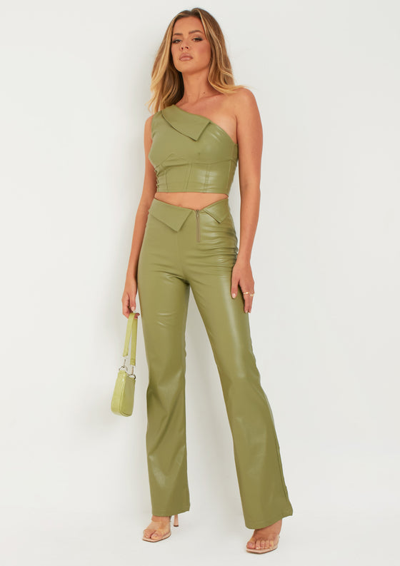 Marlowe Green Fold Over Faux Leather Flare Trouser