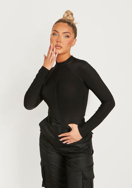 Lexi Black Disco Zip Through Long Sleeve Bodysuit, Women's Bodysuits, MissyEmpire
