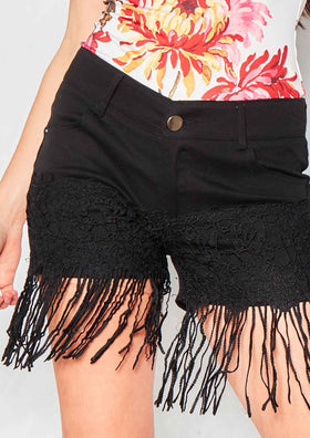 Cordelia Black Denim Crochet Lace Tassel Shorts