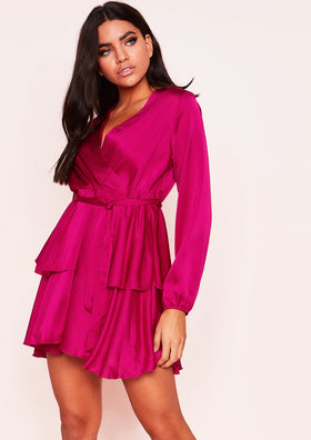Blakely Hot Pink Satin Feel Belted Layered Dress