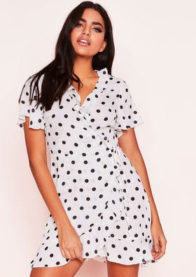 Isabella White Polkadot Wrap Frill Dress