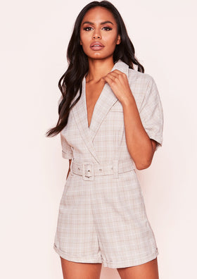 Siena Beige Check Belted Playsuit