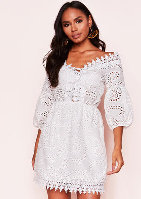 Tina White Crochet Lace Up Mini Dress