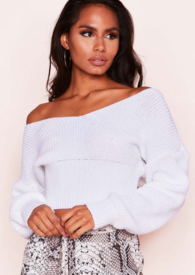Lelia White V Neck Knit Cropped Jumper