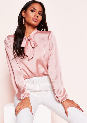 Josie Pink Satin Tie Neck Blouse