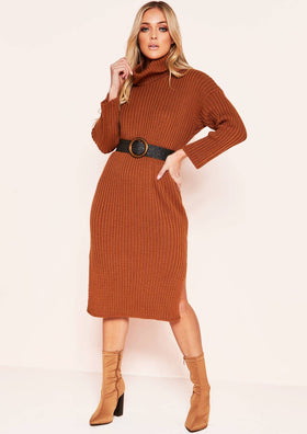 Mabel Brown Roll Neck Ribbed Knit Jumper Dress