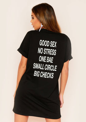 Sara Black No Stress Graphic Slogan T-Shirt Dress