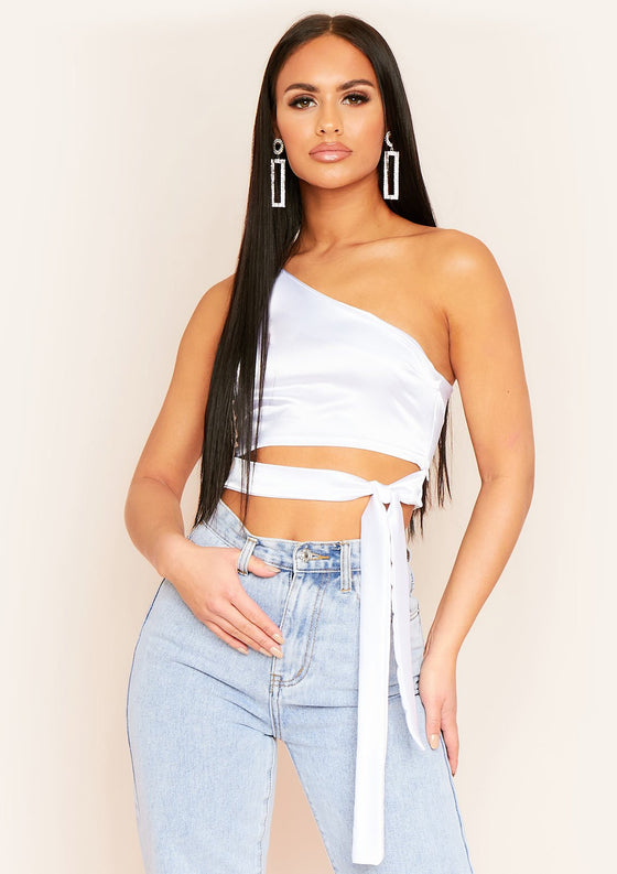 Ovidia White One Shoulder Satin Crop Top