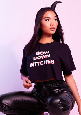 Eden Black 'Bow Down Witches' Slogan Halloween Crop Top
