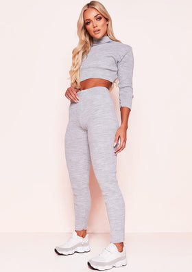 Nelly Grey Ribbed Roll Neck Loungewear Set