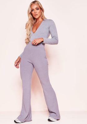 Ola Grey Ribbed Skinny Flare Trousers