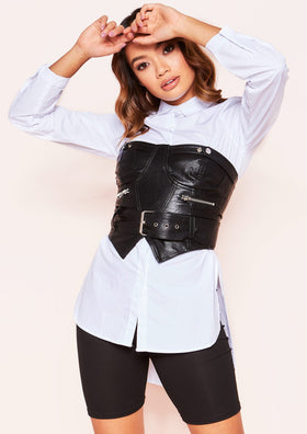 Skyler Black Faux Leather Belted Corset Top