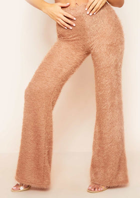 Meya Tan Fluffy Knit Wide Leg Trousers