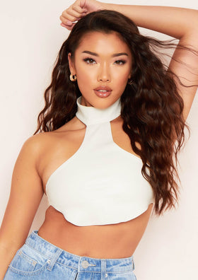 Lean Ivory PU Halterneck Croc Print Curved Hem Crop Top