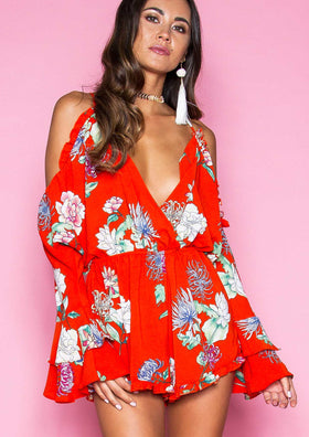 Rossete Burnt Orange Floral Plunge V Neck Frill Playsuit