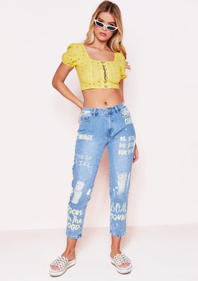 Lily Denim Yellow Slogan Painted Distressed Jeans