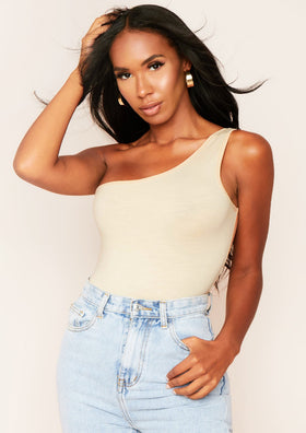 Nina Beige One Shoulder Bodysuit