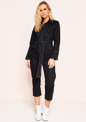 Rona Black Button Up Belted Utility Jumpsuit