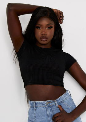 Nina Black Ribbed Short Sleeve Cropped Tee