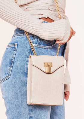 Tenley Beige Croc Print Padlock Chain Bag