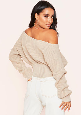 Lelia Beige V Neck Knit Cropped Jumper