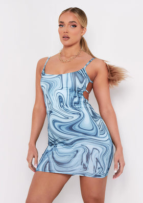Kaylin Blue Print Slinky Strappy Mini Dress