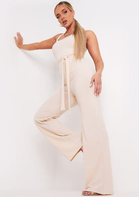 Ruby Beige Ribbed Tie Waist Wide Leg Jumpsuit