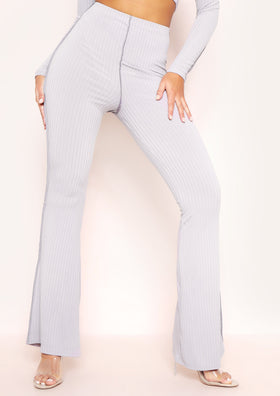 Capri Grey Contrast Stitch Ribbed Flared Trousers