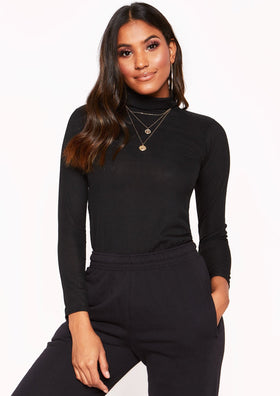 Black Ribbed Roll Neck Top
