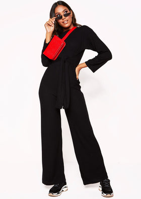 Melanie Black Ribbed Tie Waist Jumpsuit