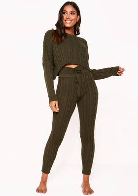 Rene Khaki Cable Knit Cropped Loungewear Set