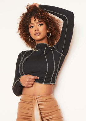 Laura Black Ribbed Contrast Stitch Long Sleeve Crop Top