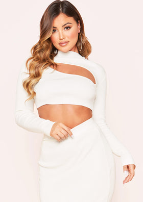Lucy Cream Knit High Neck Cut Out Crop Top
