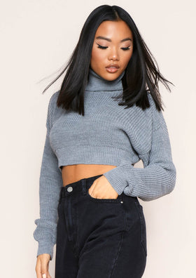 Zaralena Grey Knitted Roll Neck Cropped Jumper