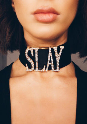 Sia SLAY Black Faux Leather Diamante Slogan Choker