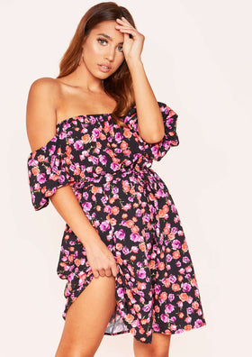 Joy Black Floral Bardot Mini Dress