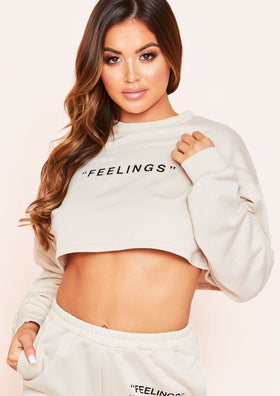 Leandra Beige "Feelings" Slogan Cropped Sweatshirt